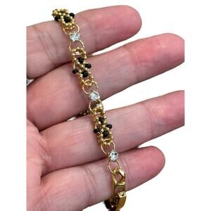 Dainty Black Bead & Rinstone Gold Tone Bracelet Ornate Delicate Dressy Evening